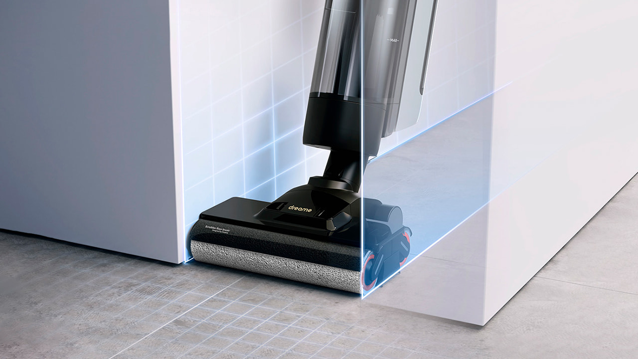Обновлённая конструкция роликовой щётки Dreame H13 позволяет мыть пол вплотную к стенам и мебели